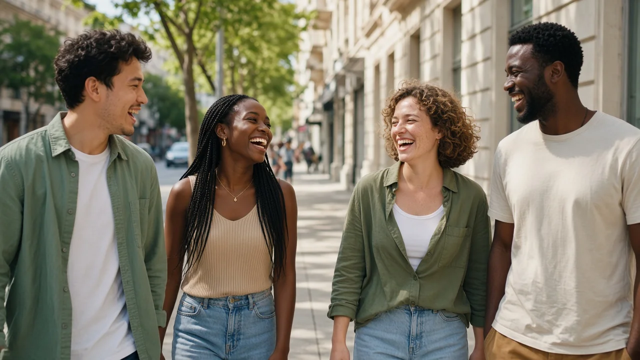 Diverse friends walking together on a city street