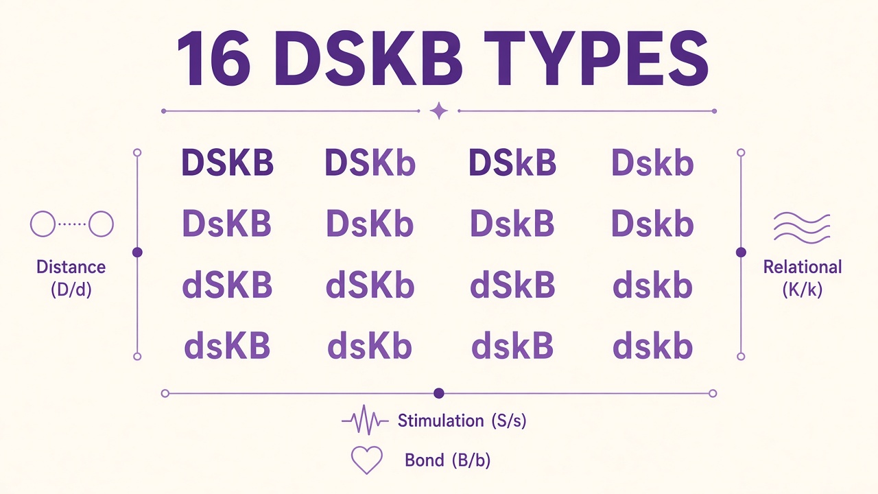 16 DSKB types grid with four dichotomy axes and all sixteen four-letter codes