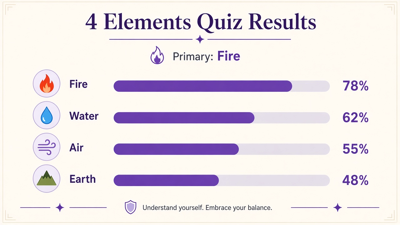 Four elements quiz report with fire, water, air, and earth bars on The Quiz Hub