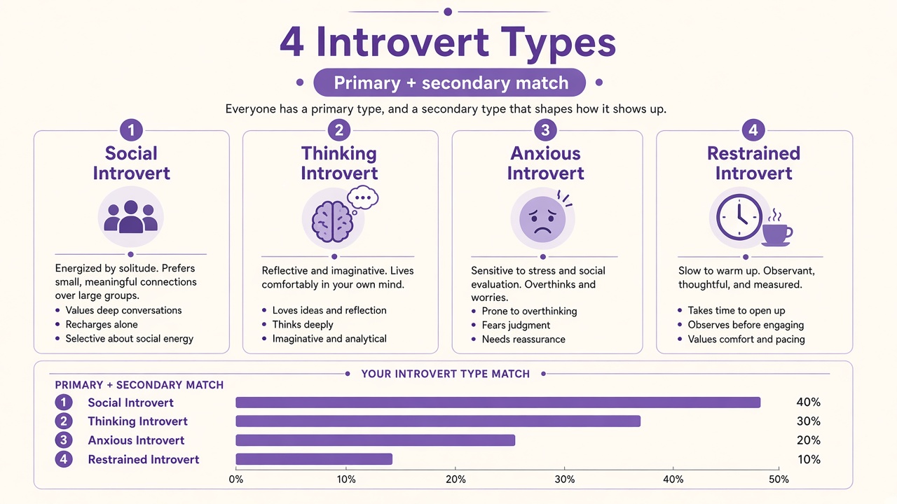 Four introvert types quiz report with social, thinking, anxious, and restrained bars on The Quiz Hub