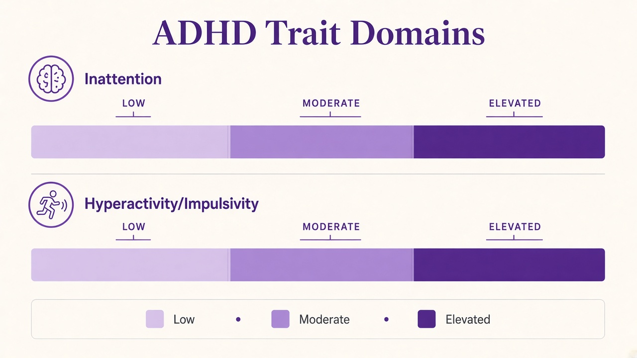 ADHD screening diagram with inattention and hyperactivity domain bars for The Quiz Hub results