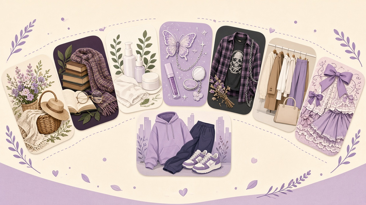 Aesthetic quiz diagram with eight style archetype mood boards in purple