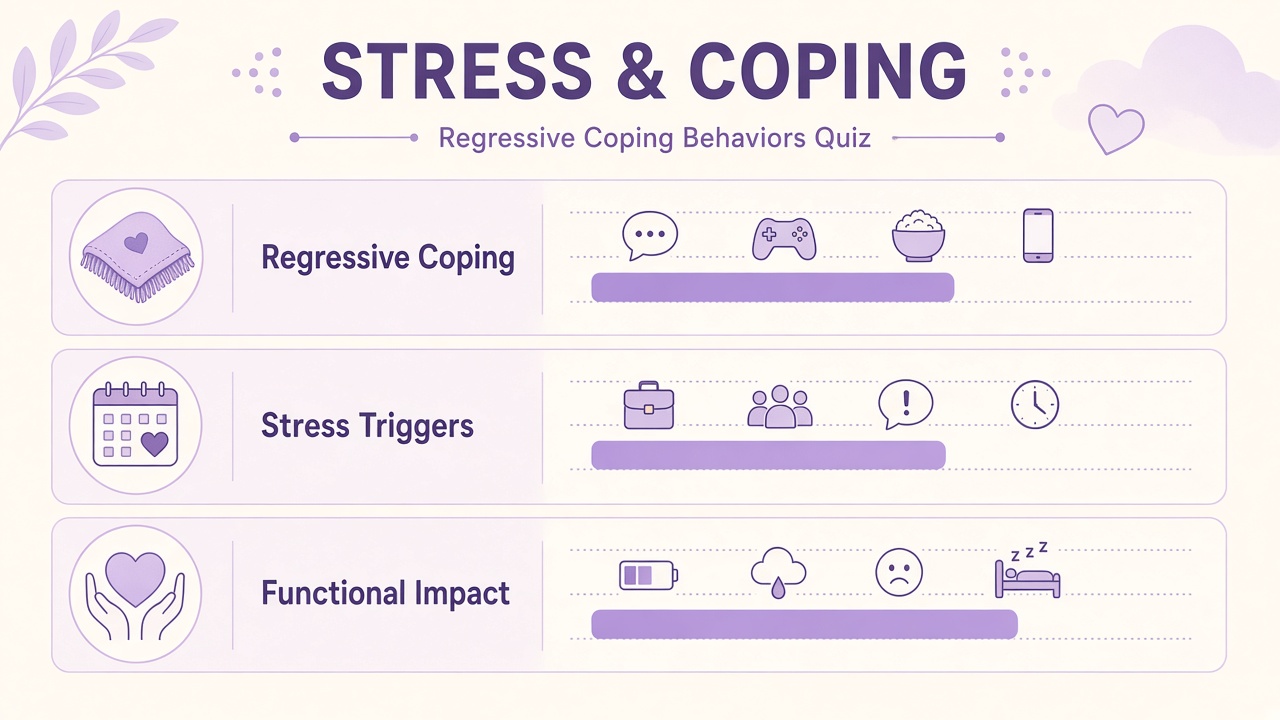 Age regression stress coping diagram with regressive coping, stress triggers, and functional impact domain bars