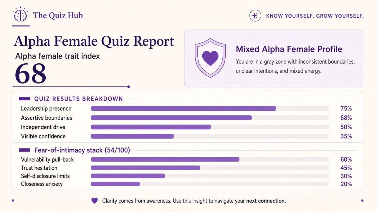 Alpha female quiz report with Mixed band, trait index 68, four domain bars, and fear-of-intimacy stack on The Quiz Hub