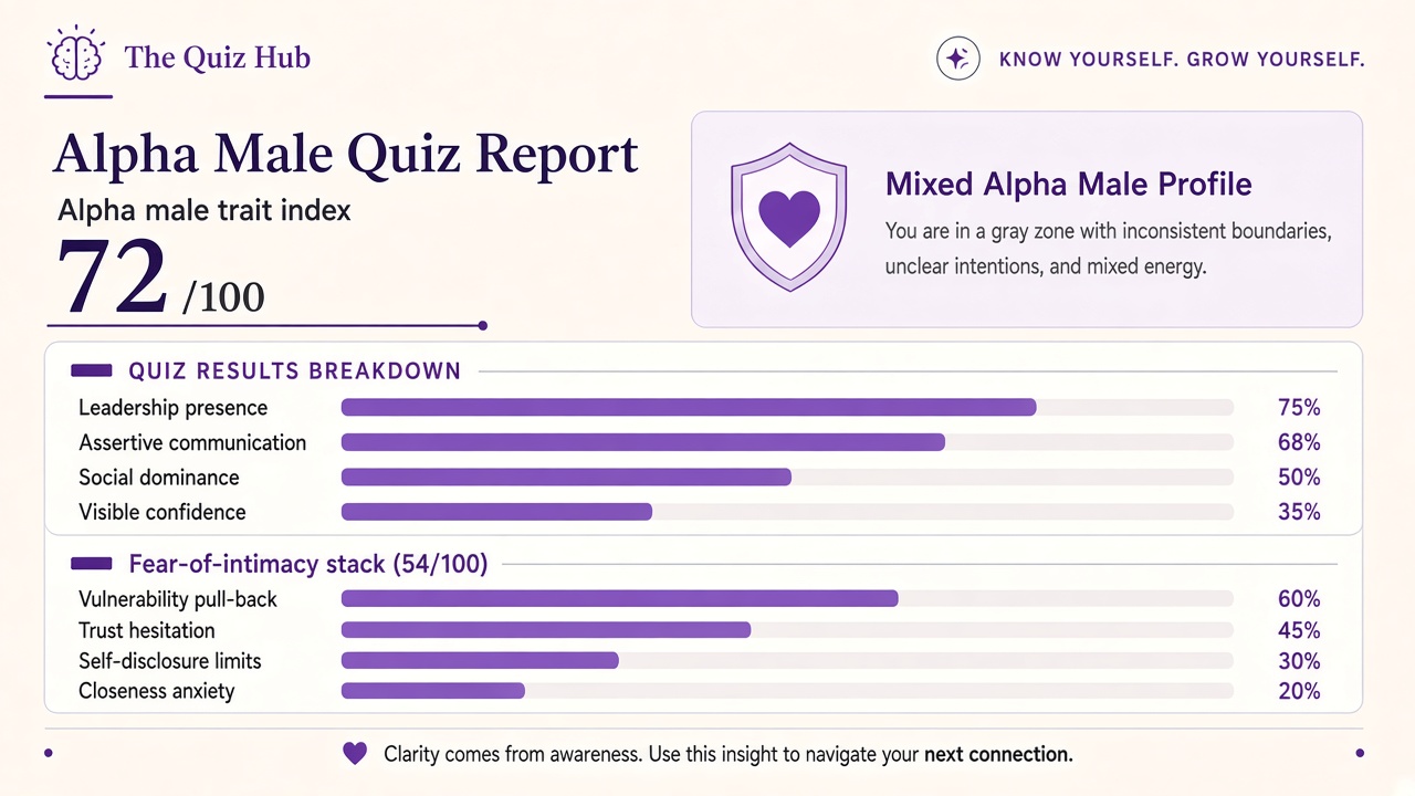 Alpha male quiz report with Mixed band, trait index 72, four domain bars, and fear-of-intimacy stack on The Quiz Hub