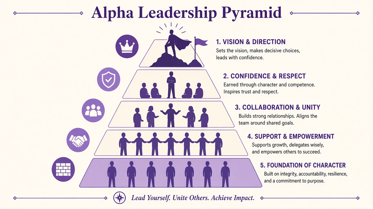 Alpha male social hierarchy pyramid diagram showing leadership at the top with purple The Quiz Hub styling