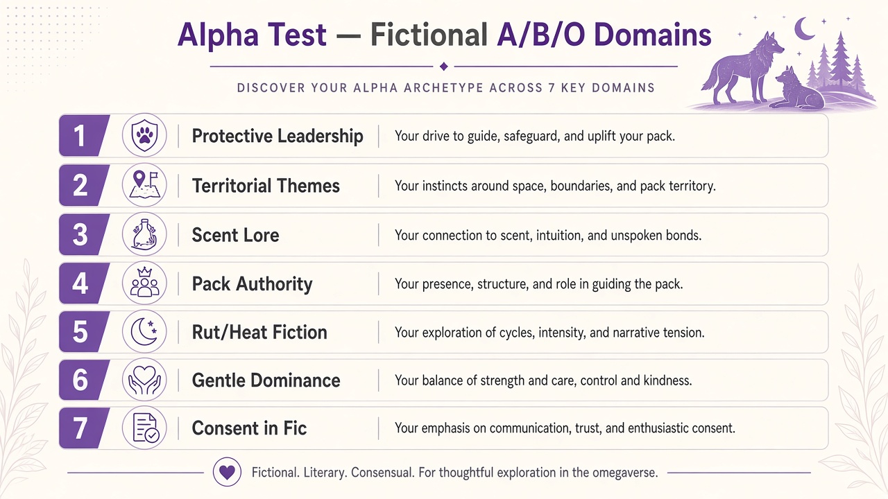 Alpha test diagram with seven omegaverse fiction domain bars including protective leadership, scent lore, and consent framing