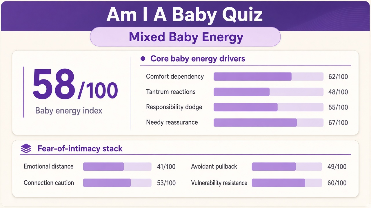Am I a baby quiz report with Mixed band, baby energy index 58, domain bars, and fear-of-intimacy stack on The Quiz Hub