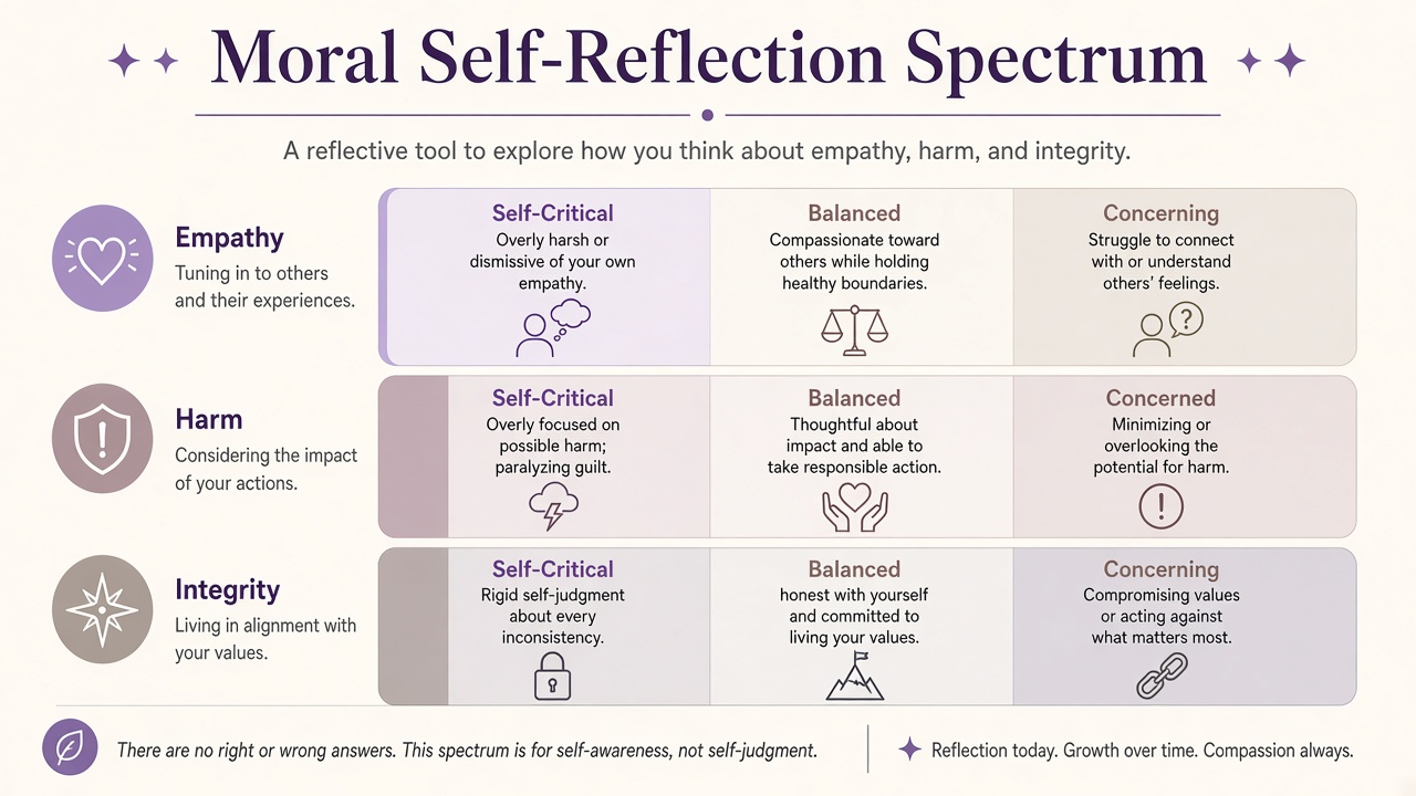 Self-reflection spectrum with self-critical balanced and concerning pattern bands across empathy harm and integrity in taupe