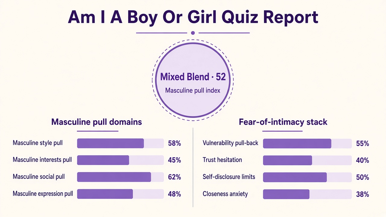 Am I a boy or girl quiz report with Mixed Blend band, index 52, masculine pull bars, and intimacy stack on The Quiz Hub