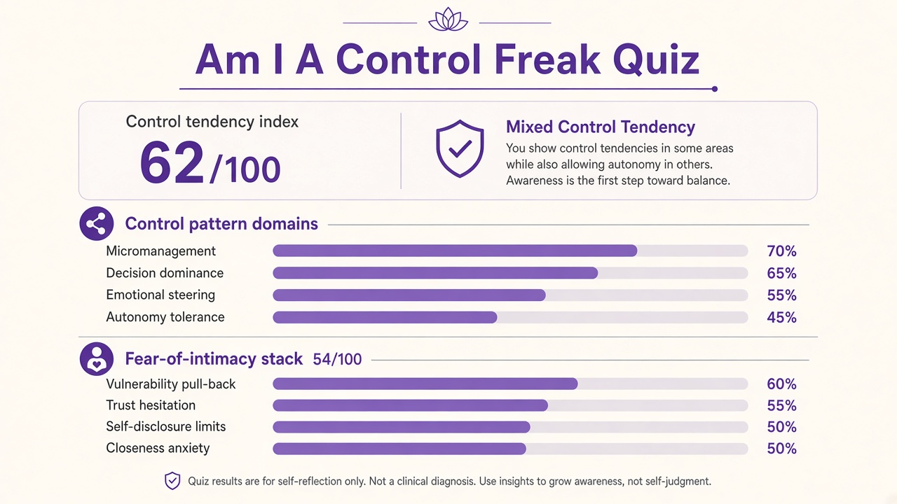 Control freak quiz report with index 62, domain bars and fear-of-intimacy stack on The Quiz Hub