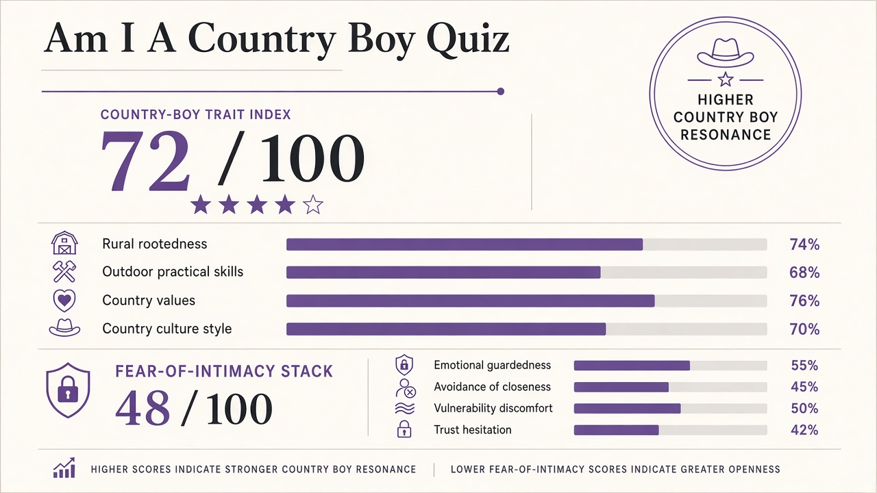 Country boy quiz report with Higher Country Boy Resonance band, domain bars, and intimacy stack on The Quiz Hub