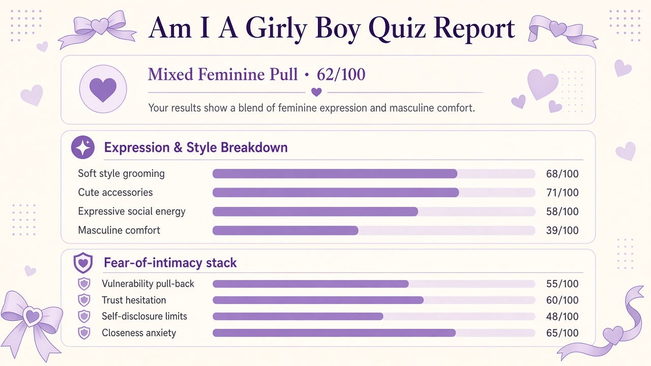 Am I a girly boy quiz report with Mixed band, index 62, four domain bars, and intimacy stack on The Quiz Hub