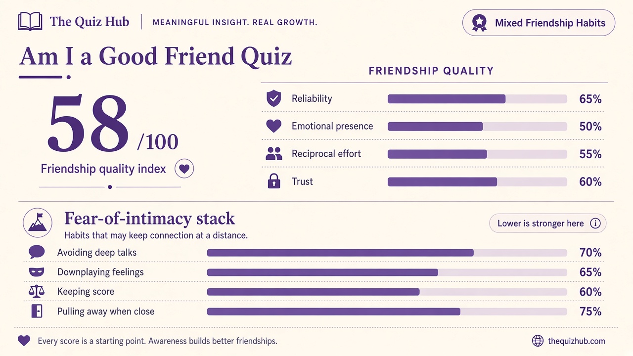 Am I a good friend quiz report with Mixed band, quality index 58, domain bars, and intimacy stack on The Quiz Hub