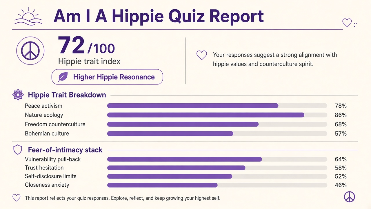 Hippie quiz report with Higher Hippie Resonance band, domain bars, and intimacy stack on The Quiz Hub