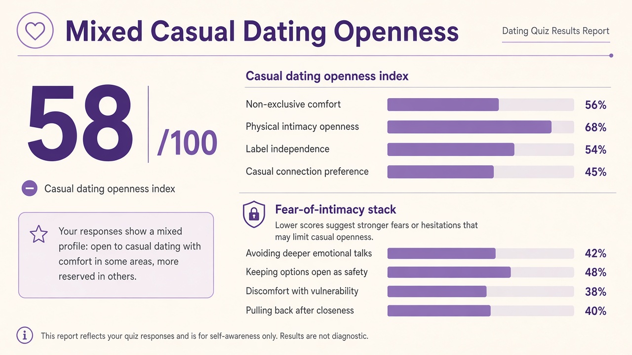 Am I a hoe quiz report with Mixed band, casual dating openness index 58, domain bars, and fear-of-intimacy stack