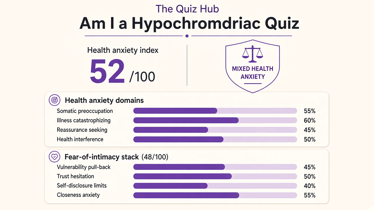 Am I a hypochondriac quiz report with Mixed band, health anxiety index 52, domain bars on The Quiz Hub