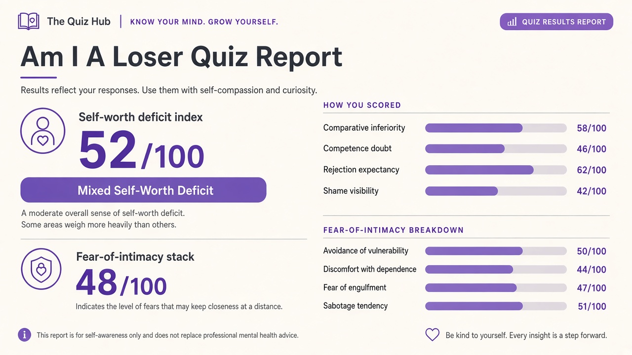 Am I a loser quiz report with self-worth deficit index 52, four domain bars, and intimacy stack on The Quiz Hub