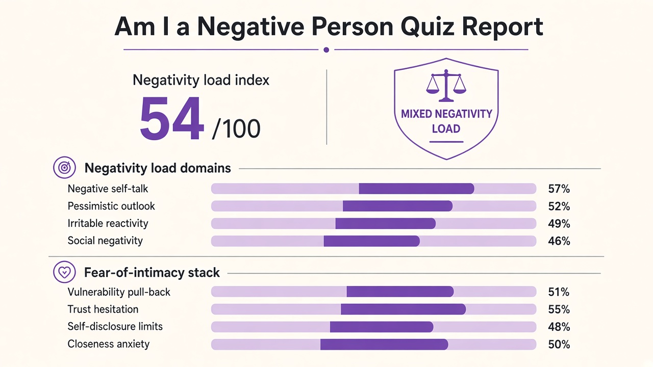 Am I a negative person quiz report with Mixed band, negativity load index 54, domain bars on The Quiz Hub