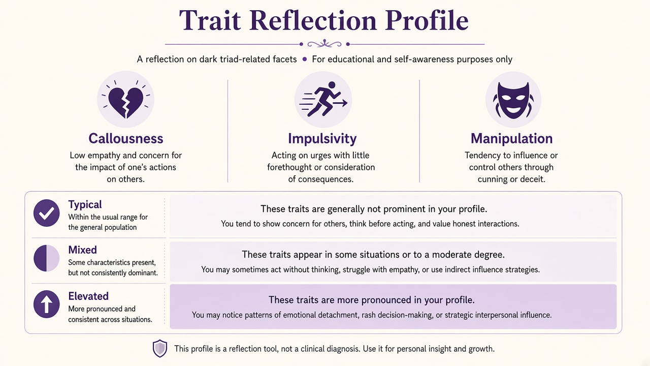 Dark triad reflection diagram with typical mixed and elevated trait pattern bands across three facets in purple