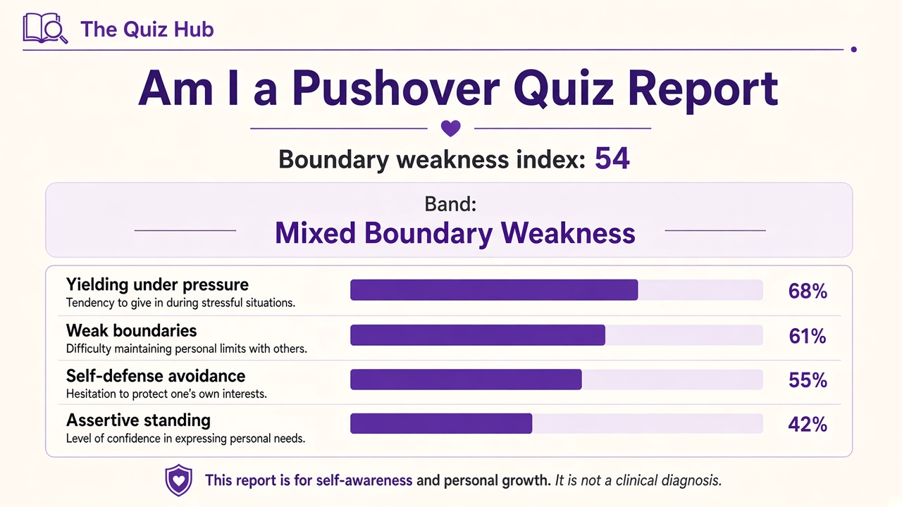 Am I a pushover quiz report with Mixed band, boundary weakness index 54, four domain bars on The Quiz Hub