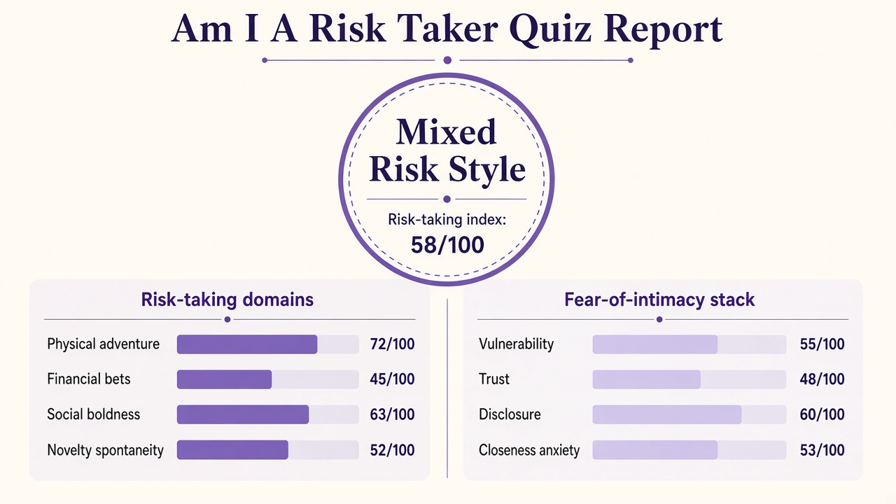 Am I a risk taker quiz report with Mixed band, four risk domain bars, and fear-of-intimacy stack on The Quiz Hub