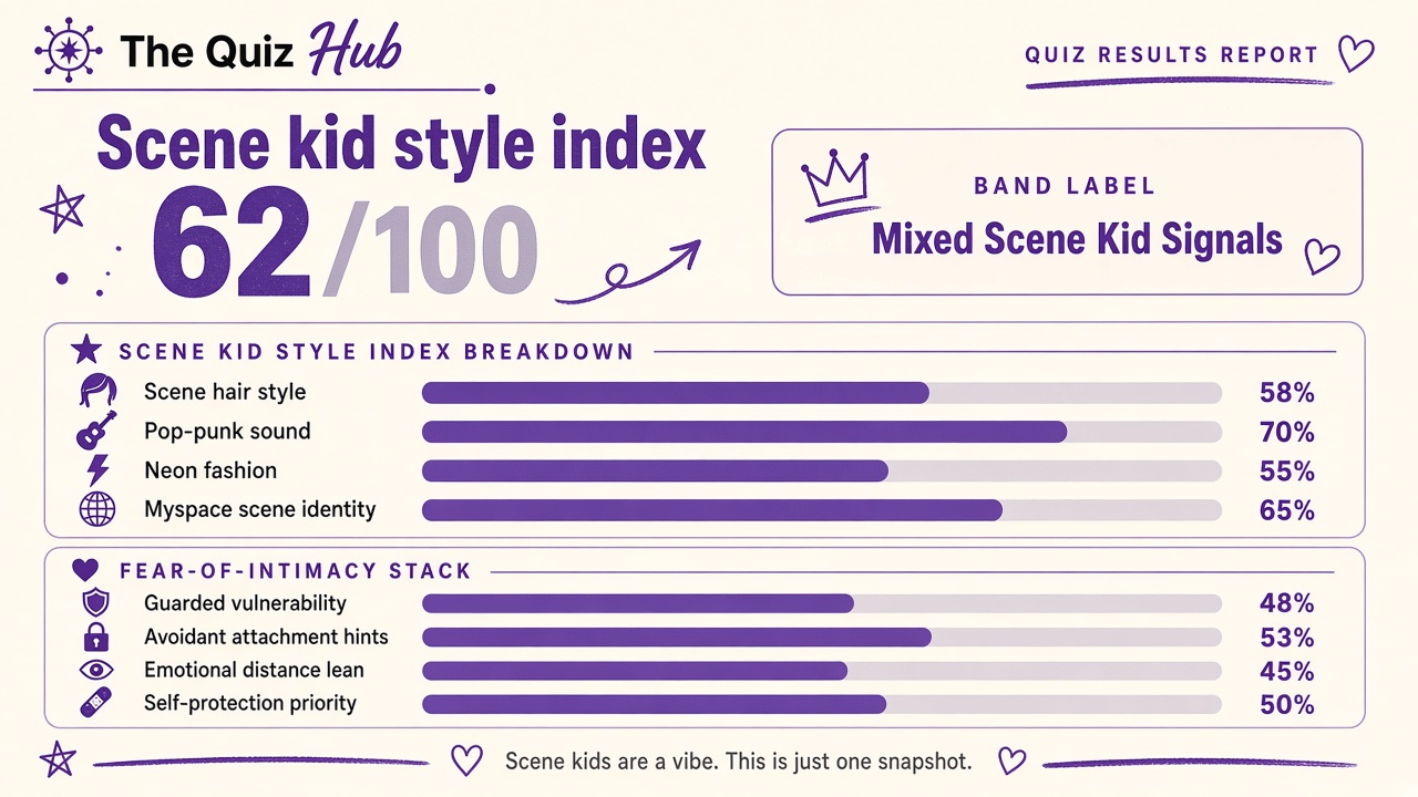 Am I a scene kid quiz report with Mixed band, scene kid style index 62, domain bars, and intimacy stack on The Quiz Hub