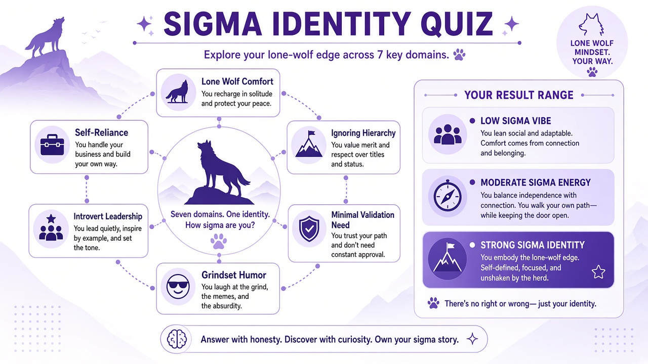 Sigma identity diagram with seven domains and three result bands in purple