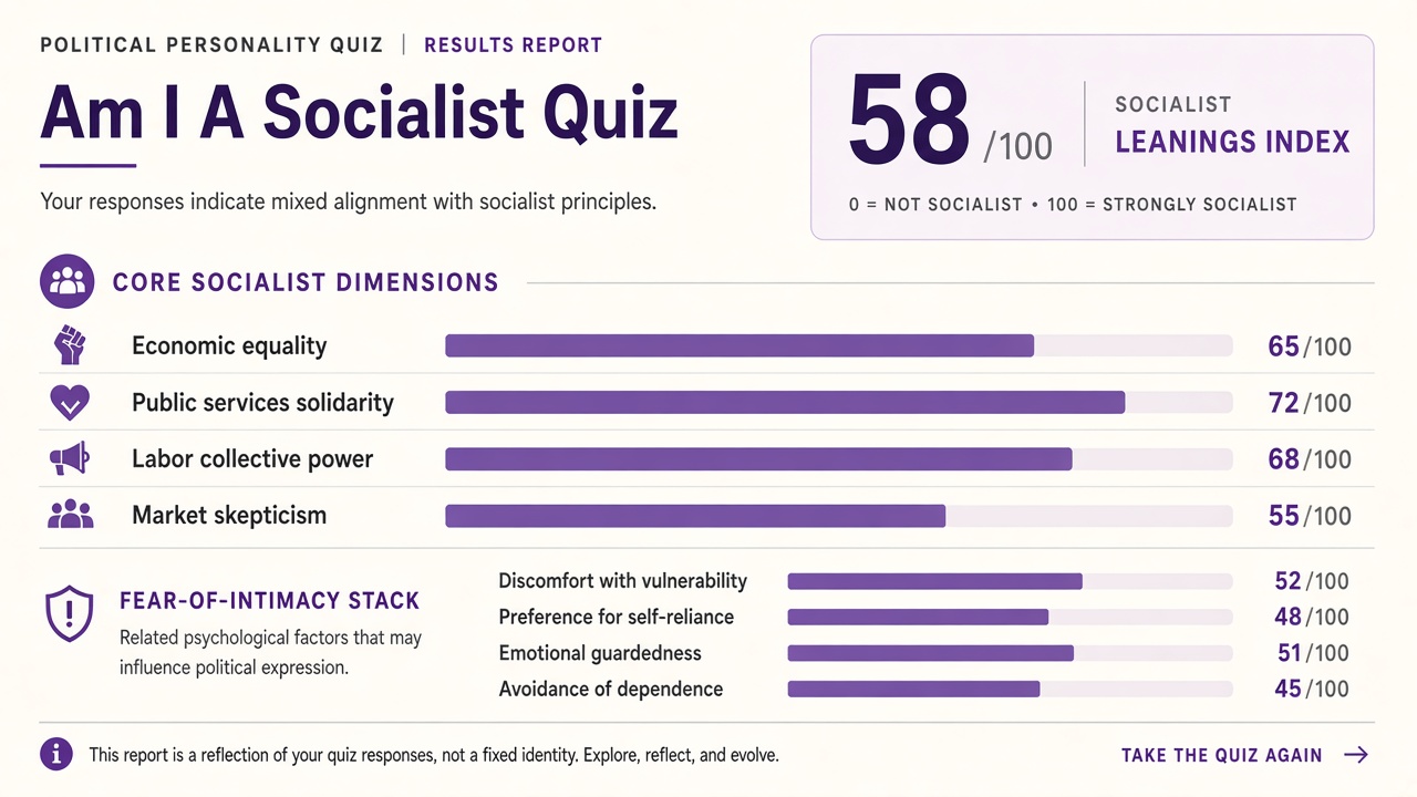 Am I a socialist quiz report with Mixed band, four socialist domain bars, and fear-of-intimacy stack on The Quiz Hub