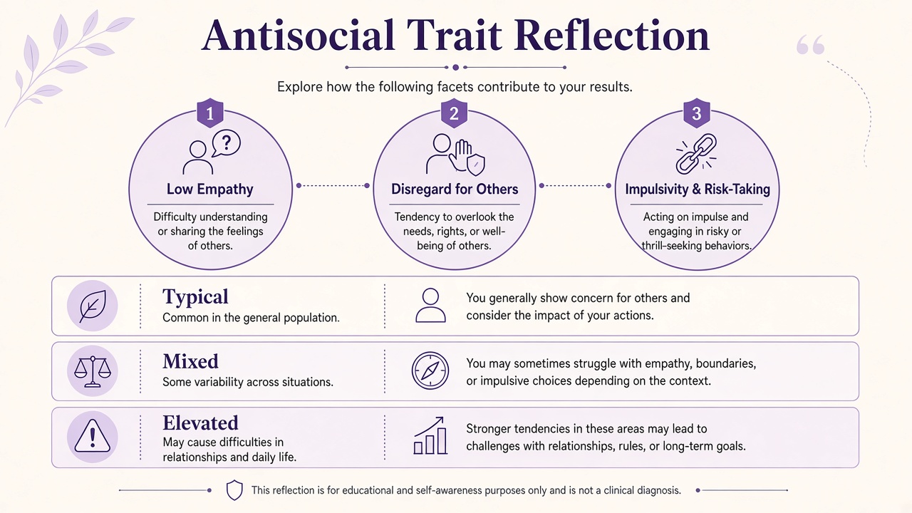 Antisocial-style reflection diagram with typical mixed and elevated trait pattern bands across three facets in purple