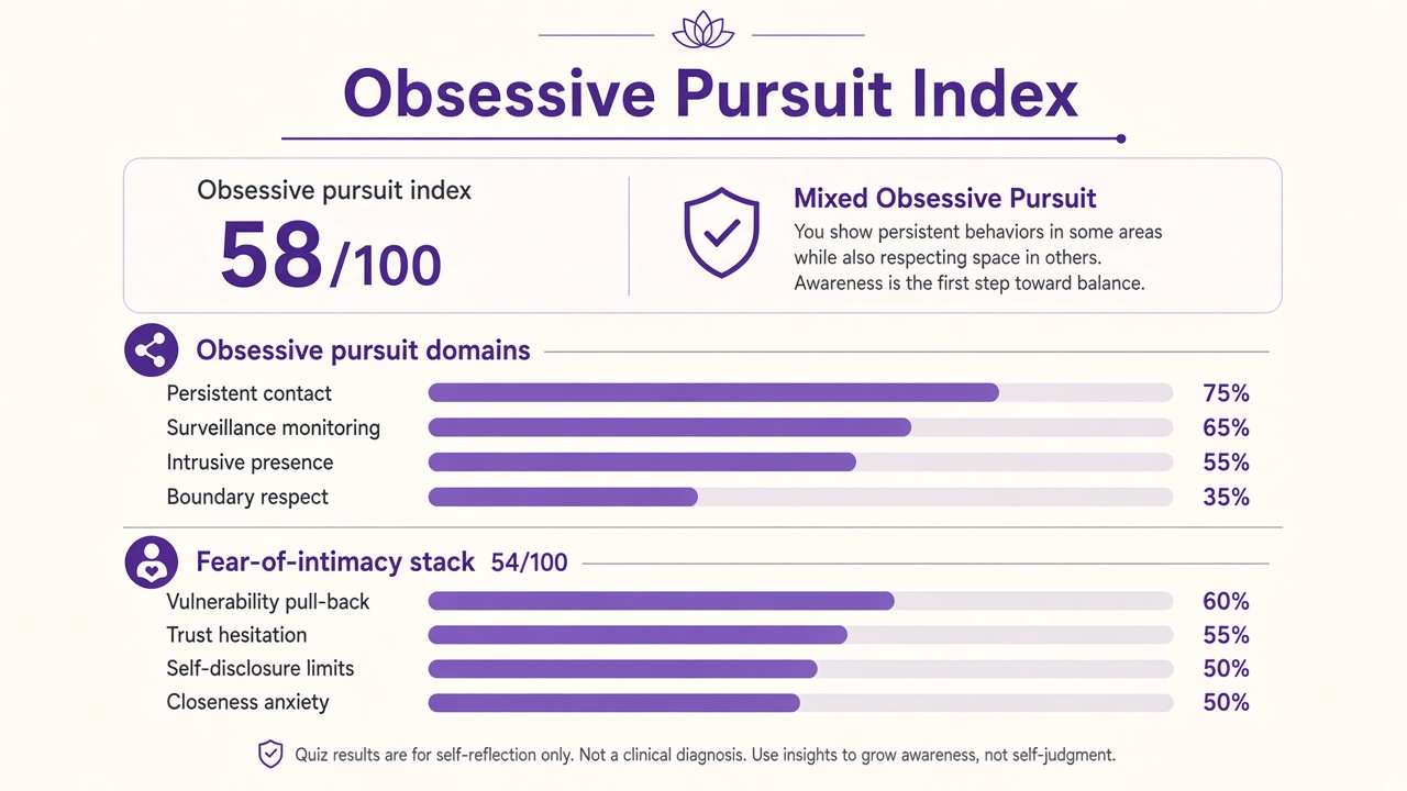 Am I a stalker quiz report with obsessive pursuit index 58, domain bars and fear-of-intimacy stack on The Quiz Hub