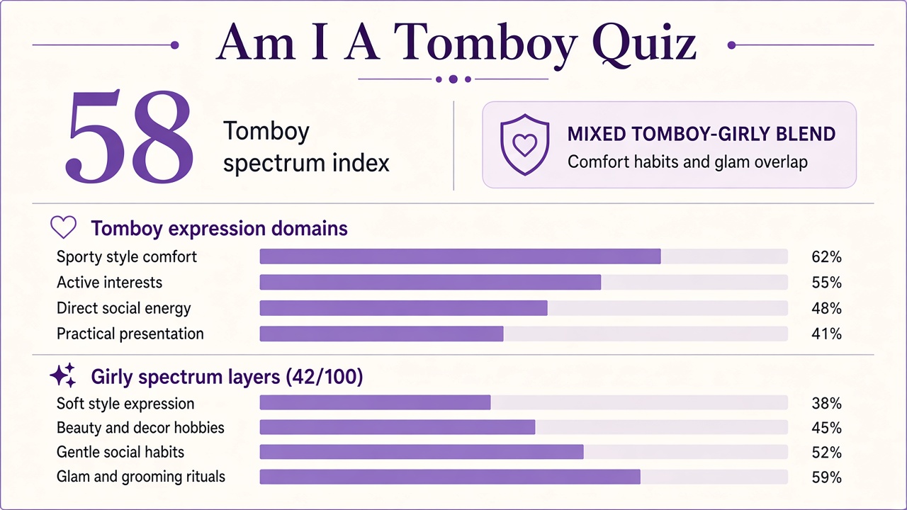 Am I a tomboy quiz report with Mixed band, four tomboy domain bars, and girly dual spectrum chart on The Quiz Hub