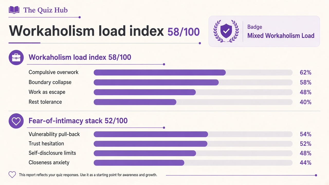 Workaholic quiz report with load index 58, domain bars and intimacy stack on The Quiz Hub