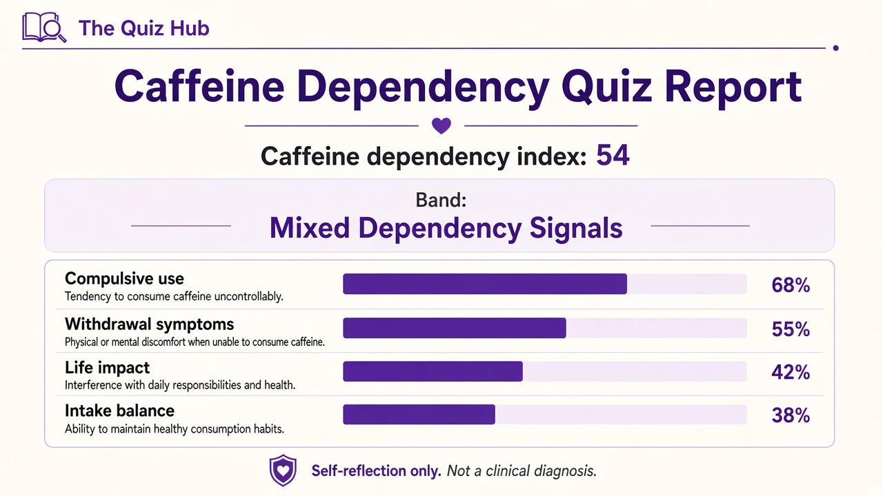 Caffeine dependency quiz report with Mixed band, index 54, and four domain bars on The Quiz Hub