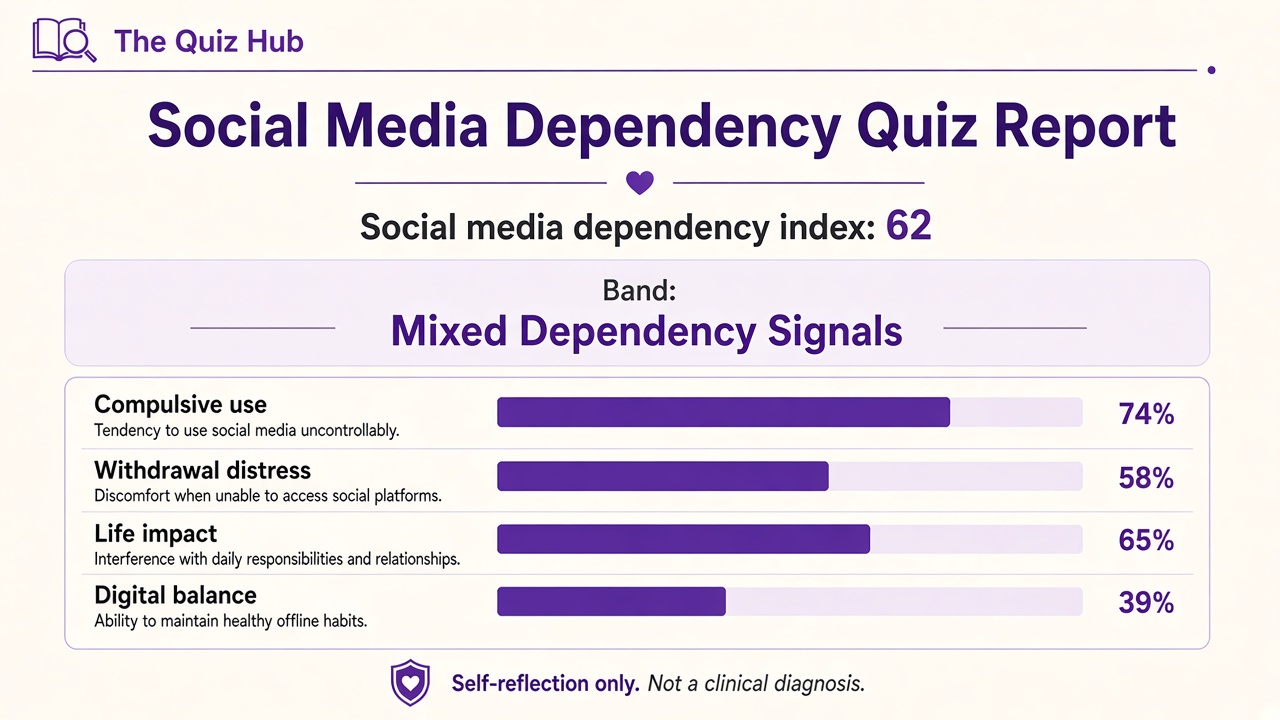 Social media dependency quiz report with Mixed band, index 62, and four domain bars on The Quiz Hub
