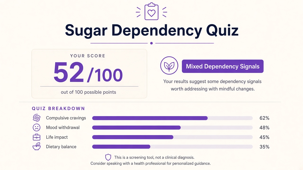 Sugar dependency quiz report with Mixed band, index 52, and four domain bars on The Quiz Hub