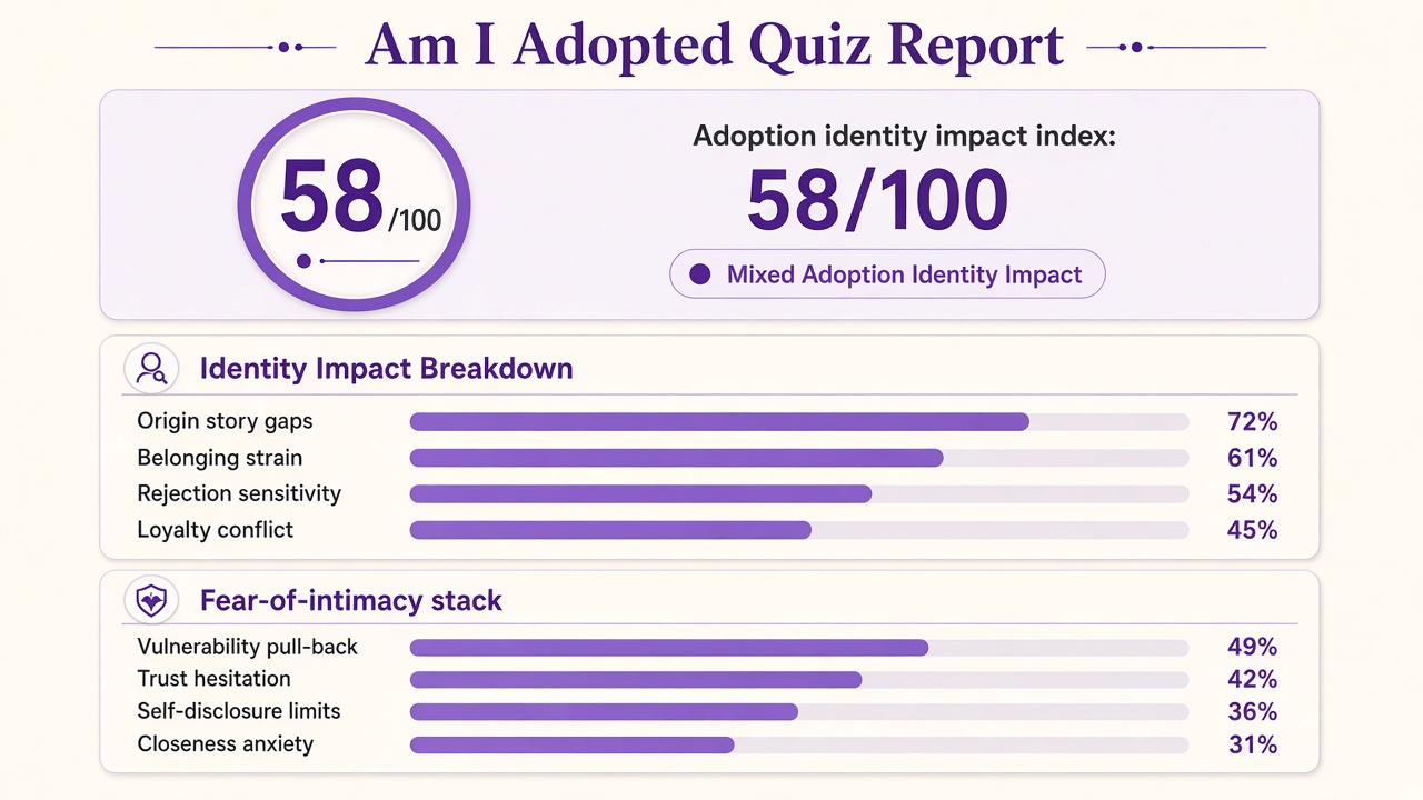 Am I adopted quiz report with adoption identity impact index 58, four domain bars, and fear-of-intimacy stack on The Quiz Hub