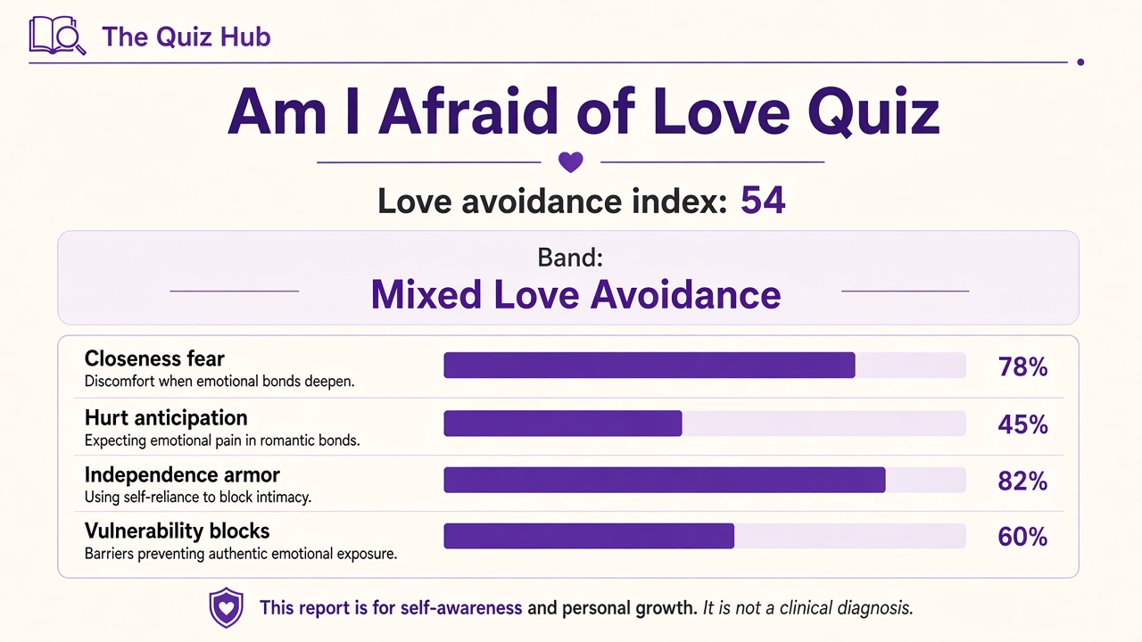 Am I afraid of love quiz report with Mixed band, love avoidance index 54, four domain bars on The Quiz Hub