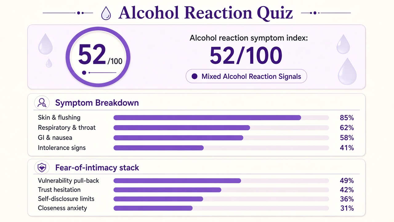 Am I allergic to alcohol quiz report with symptom index 52, domain bars, and intimacy stack on The Quiz Hub
