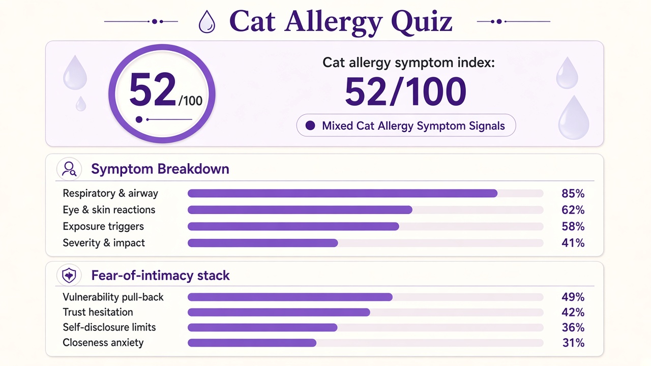 Am I allergic to cats quiz report with symptom index 52, domain bars, and intimacy stack on The Quiz Hub