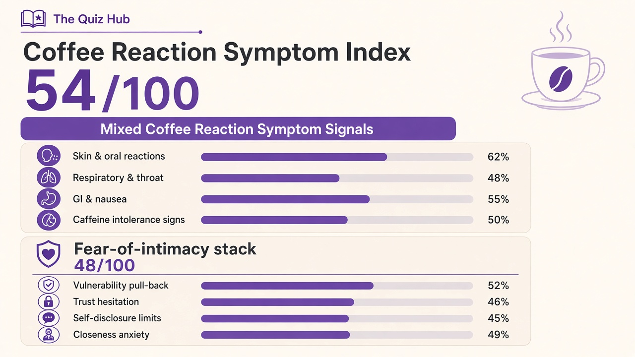 Am I allergic to coffee quiz report with symptom index 54, domain bars, and intimacy stack on The Quiz Hub