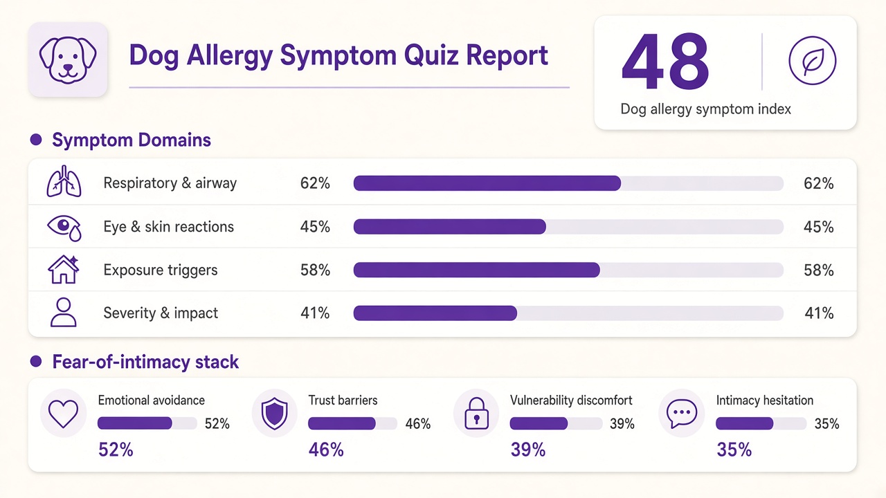Am I allergic to my dog quiz report with symptom index 48, domain bars, and intimacy stack on The Quiz Hub