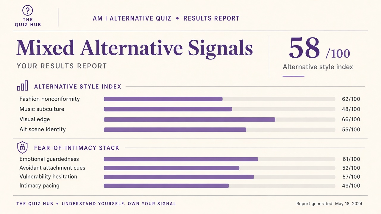Am I alternative quiz report with Mixed band, four style domain bars, and fear-of-intimacy stack on The Quiz Hub