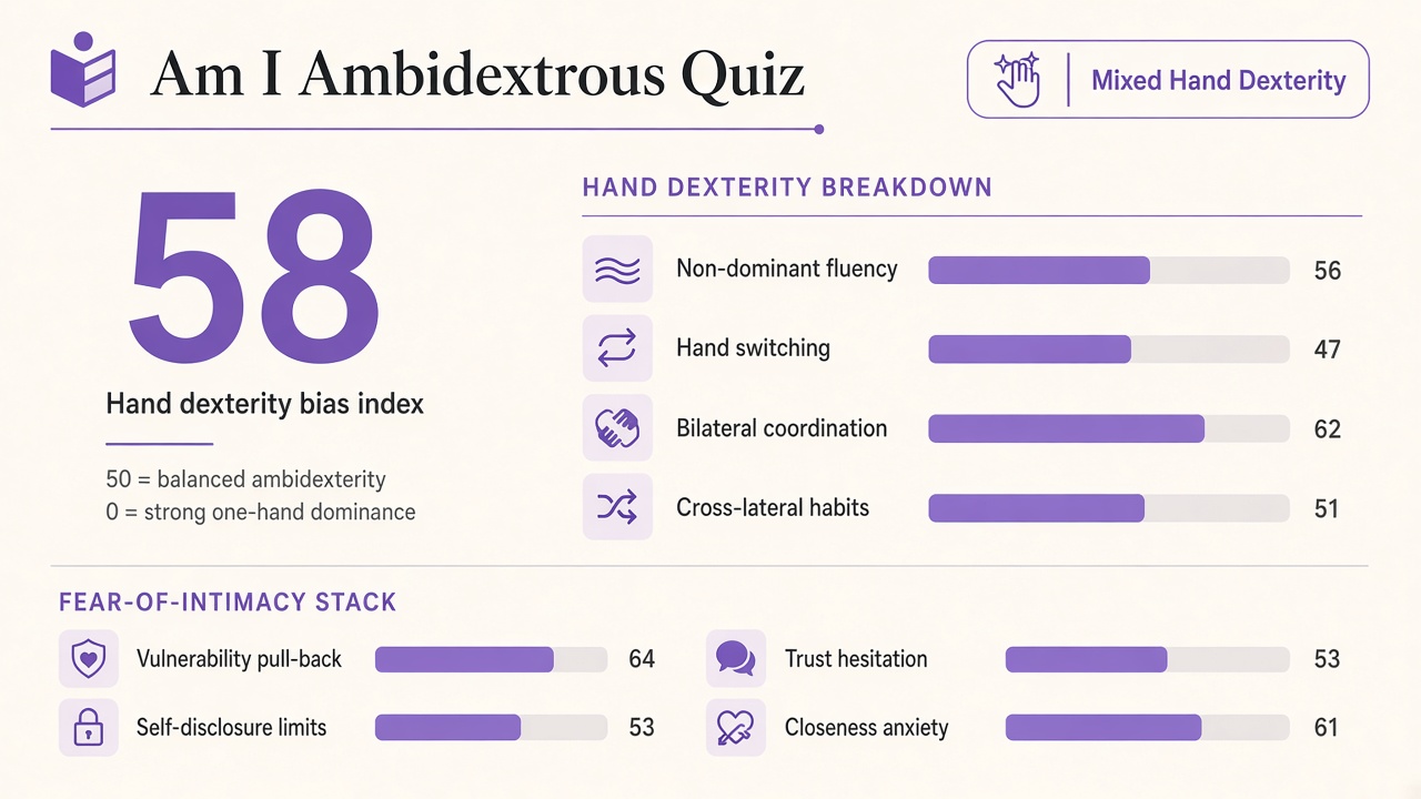 Am I ambidextrous quiz report with Mixed band, hand dexterity bias index 58, domain bars, and intimacy stack on The Quiz Hub