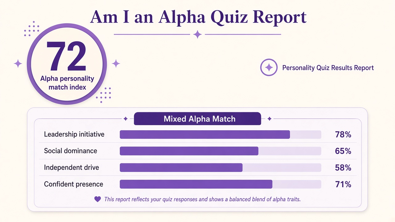 Am I an alpha quiz report with Mixed Alpha Match band, match index 72, and four domain bars on The Quiz Hub