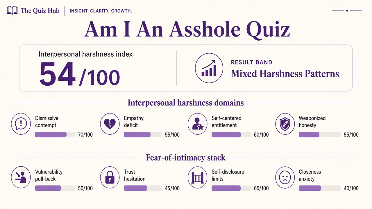 Am I an asshole quiz report with interpersonal harshness index 54, four domain bars, and intimacy stack on The Quiz Hub