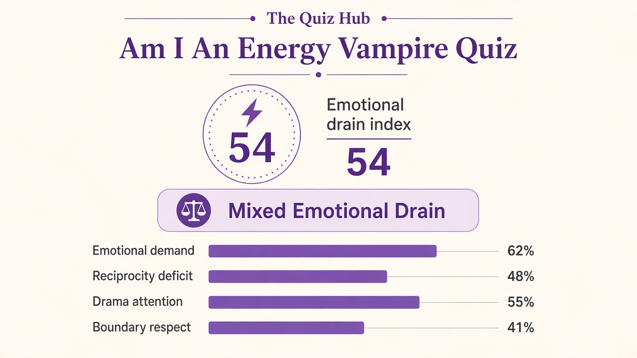 Am I an energy vampire quiz report with Mixed band, emotional drain index 54, four domain bars on The Quiz Hub