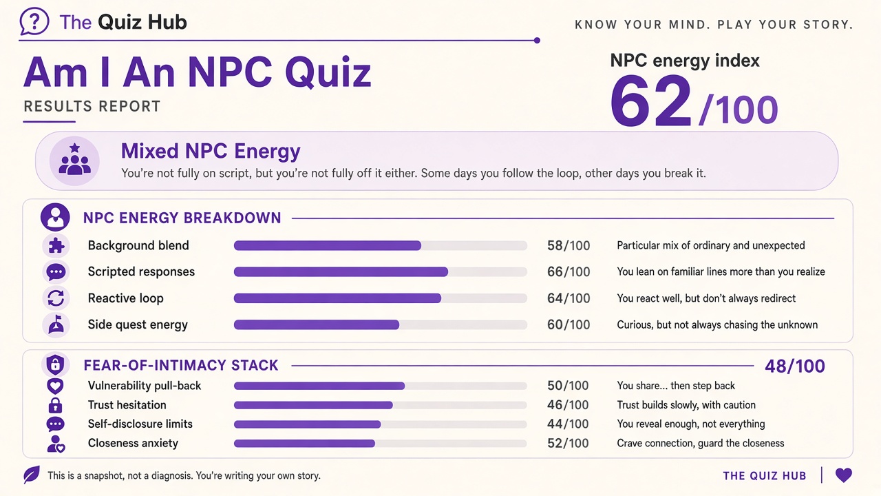 Am I an NPC quiz report with Mixed band, NPC index 62, domain bars, and intimacy stack on The Quiz Hub