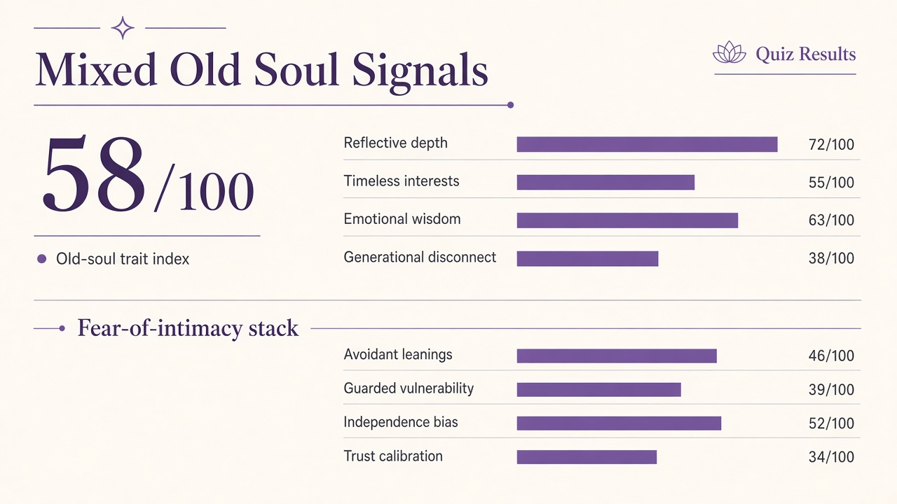 Am I an old soul quiz report with Mixed band, four old-soul domain bars, and fear-of-intimacy stack on The Quiz Hub