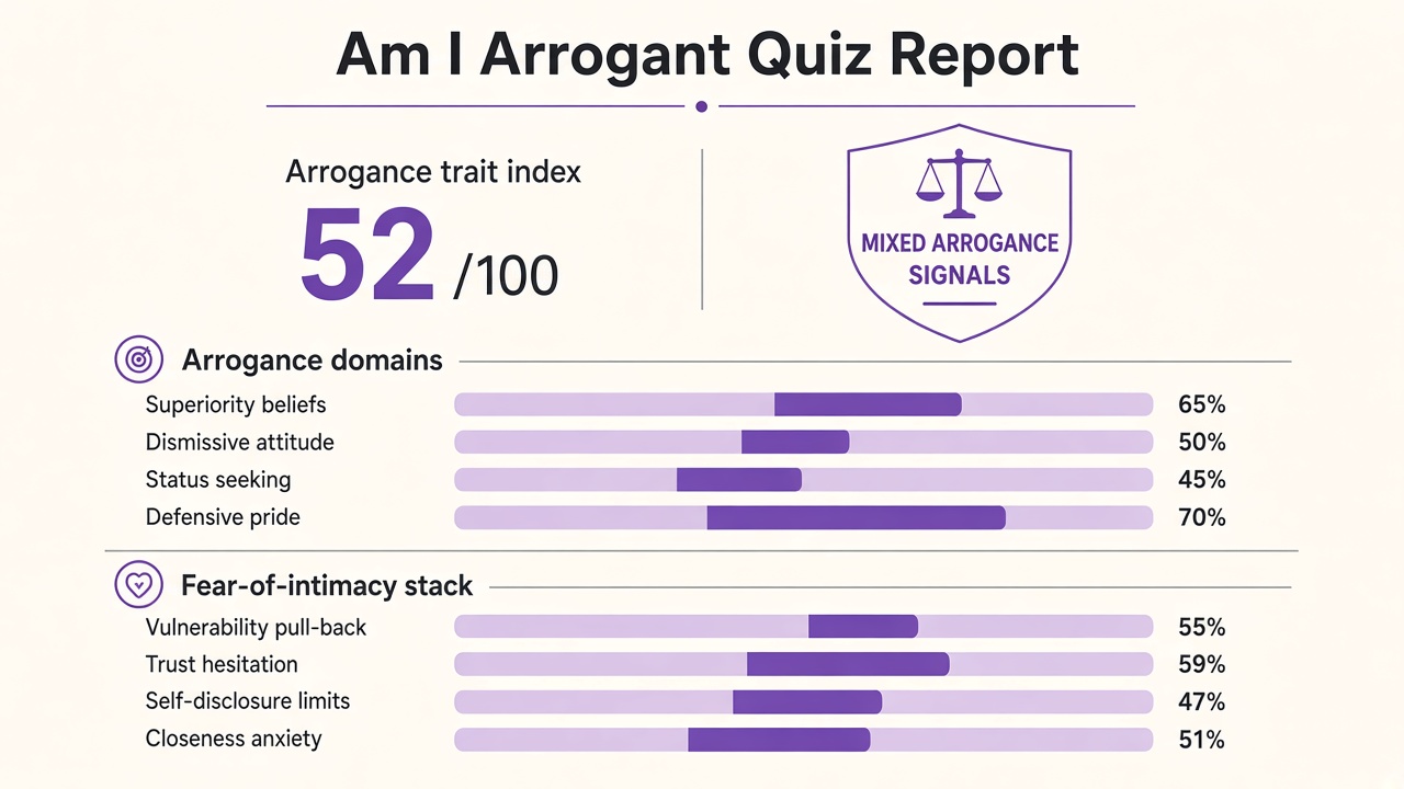 Am I arrogant quiz report with Mixed band, four arrogance domain bars, and fear-of-intimacy stack on The Quiz Hub